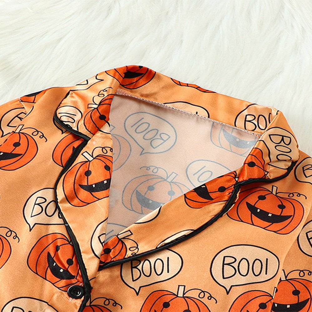 Kid Baby Girls Boys Halloween Pajamas Set Pumpkin Long Sleeve Button Down Tops Long Pants 2 Pieces Loungewear Sleepwear