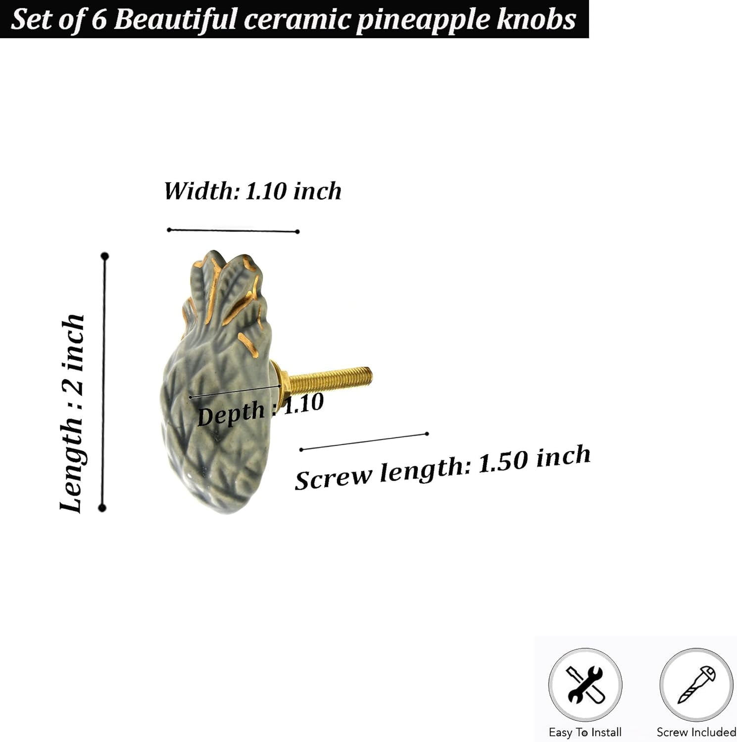 Pineapple Ceramic Knob (Set Of 6)  Pineapple Shape Knobs Pull And Push For Handles, Cabinet, Drawer, Door, Wardrobe, Home Interior Decorative Item