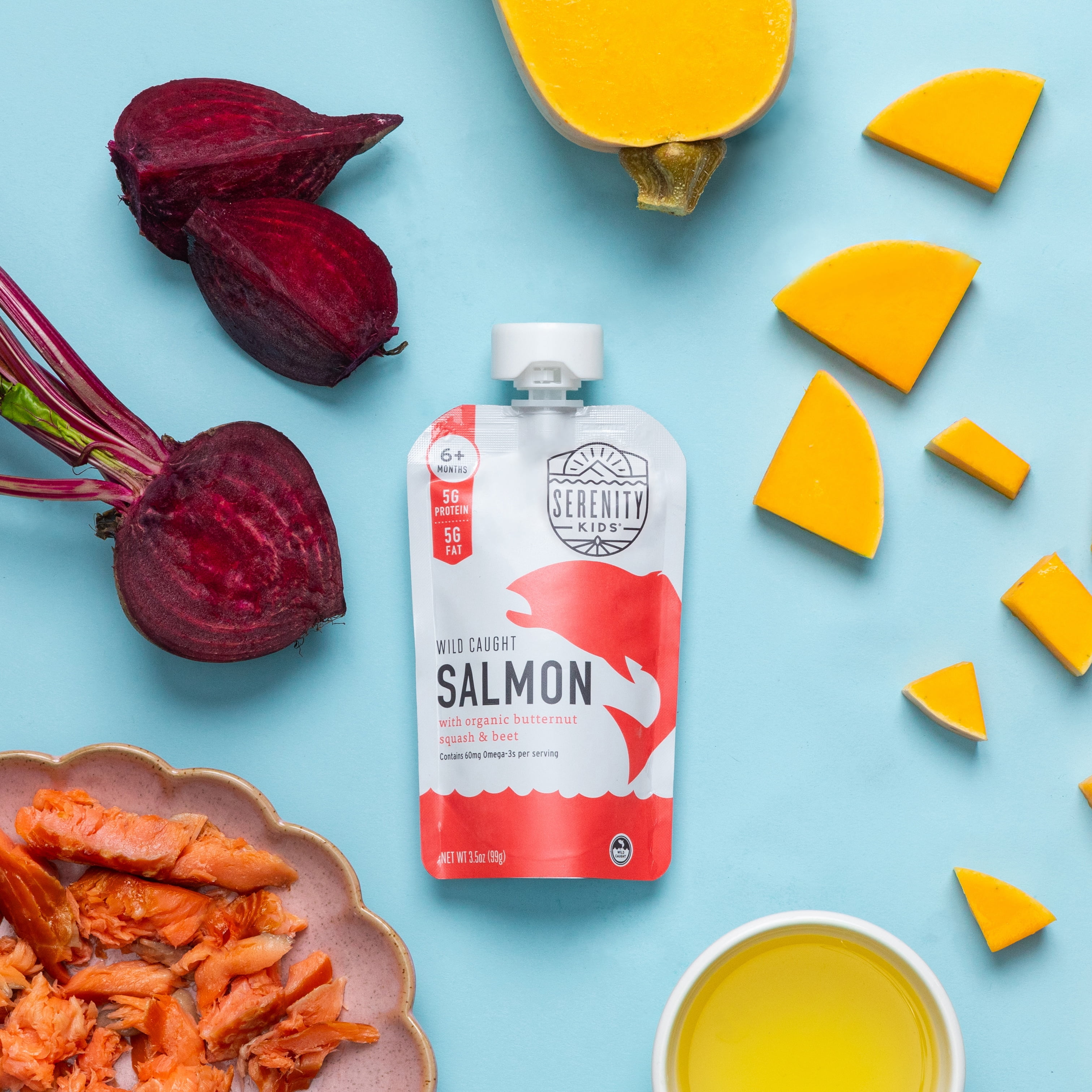 Serenity Kids Wild Caught Salmon Stage 2 Baby Food, Organic Butternut Squash & Beet, 3.5 oz Pouches (6 pack)
