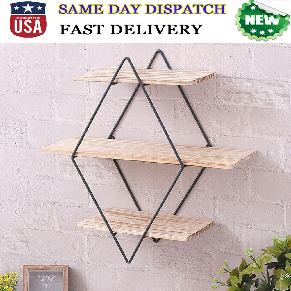 3 Tier Wood Iron Floating Shelves Bookshelf Wall Mount Shelf Display
