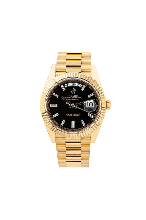 Pre-Owned Rolex Day-Date 40MM 228238 Black Baguette Diamond Dial Fluted Bezel 18K Yellow Gold President Bracelet