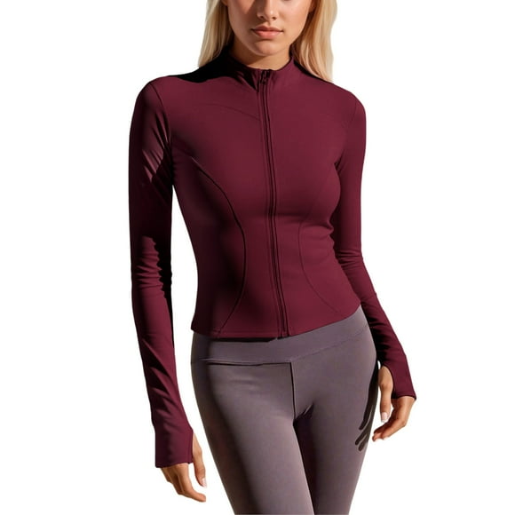 Tiweut Yoga Jackets for Women Lightweight Stretchy Zipper Workout Running Slim Fit Athletic Outerwear Ladies Outerwear Wine,L