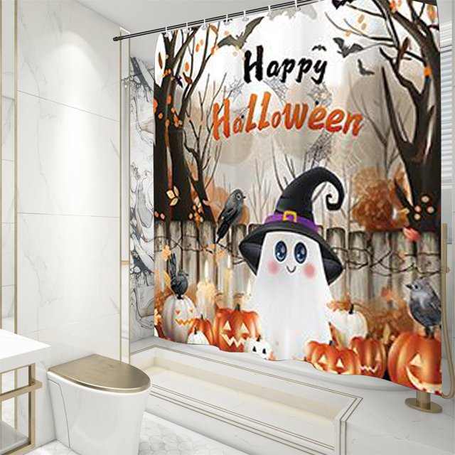 Halloween Shower Curtain Set Halloween Bathroom Curtain Set Shower Curtain Pumpkin Shower Curtain Set With Non Slip Rugs Toilet Lid Cover And Bath Mat
