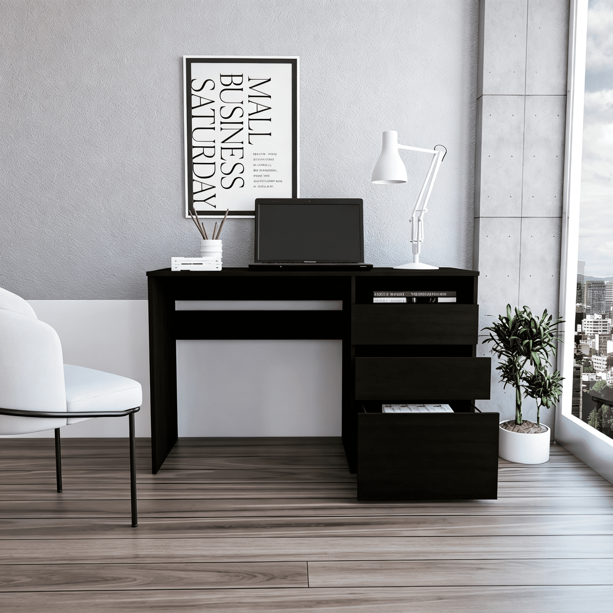 Asteroutdoor Kenai 3 Drawers Computer Desk, One Shelf, Black