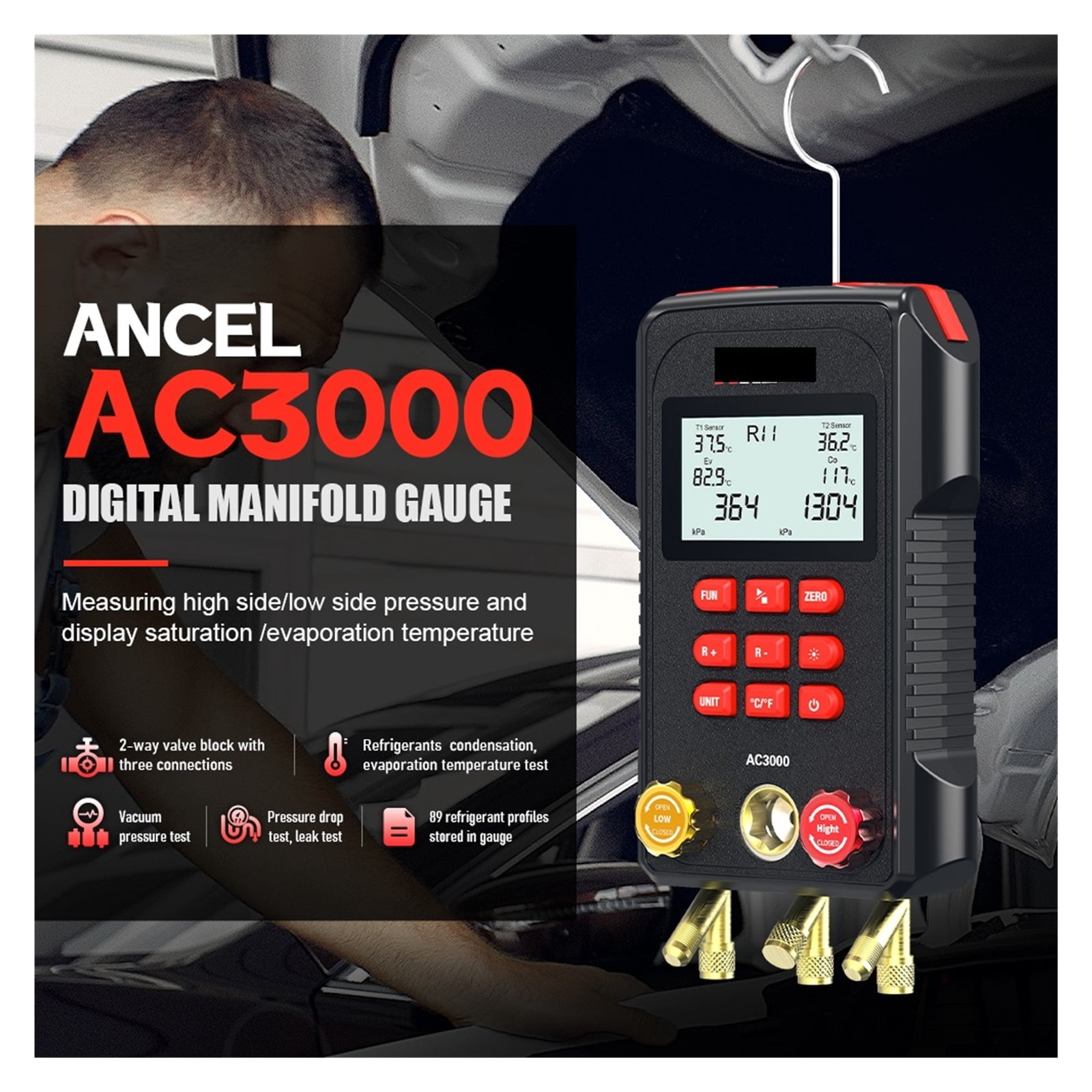 AC3000 Manifold Digital Gauge Refrigeration Leak Tester Vacuum Pressure Temperature Gauge Tools Digital Manifold Meter ,Accurate and Precise Gauges