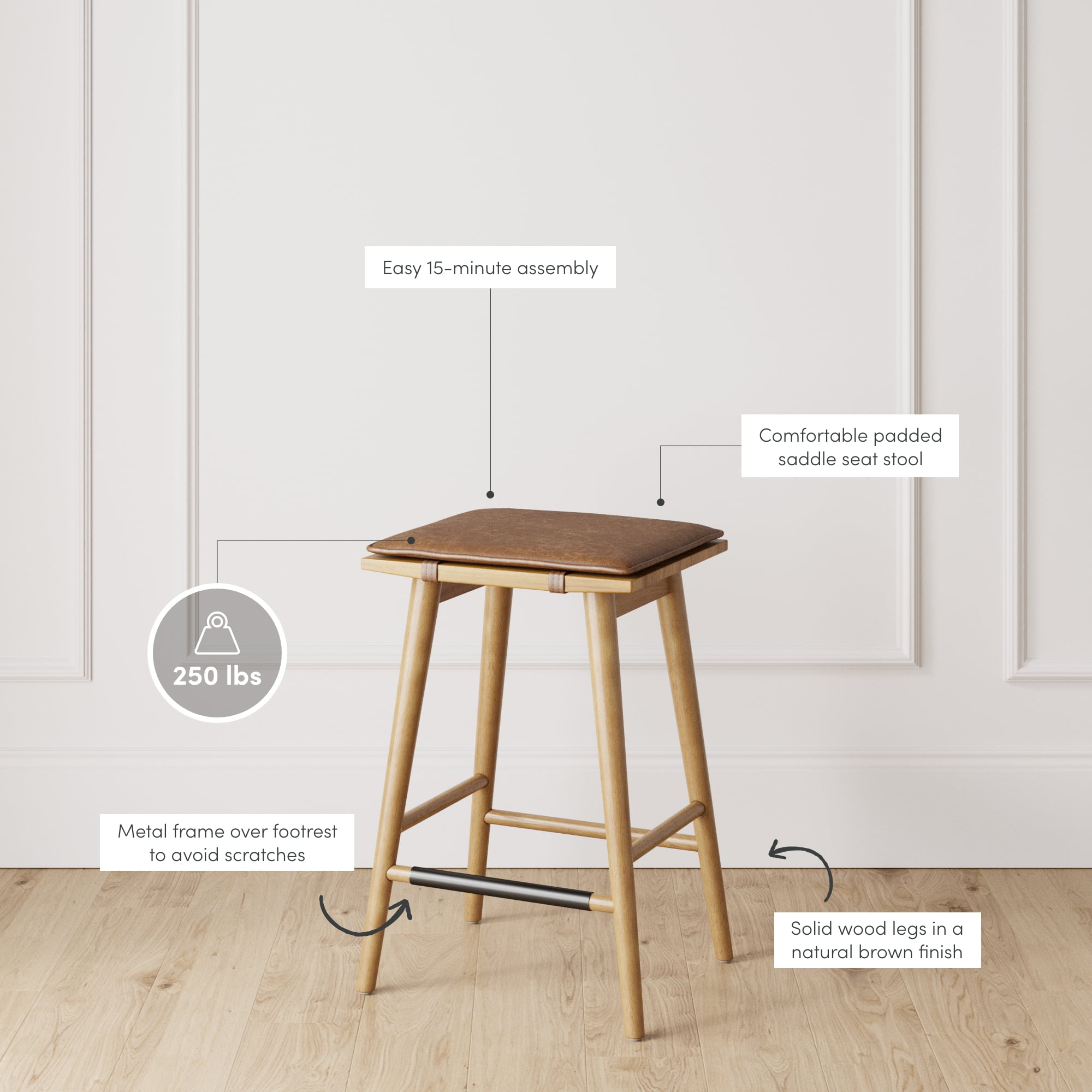 Free Shipping Nathan James Barker Counter Height Solid Wood Barstool with Upholstered Cushion Backless Island Stool with Rubberwood Legs and Natural Textured Linen Upholstery for Kitchen Black White W...