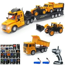 1:16 RC Semi Flatbed Truck with Dump & Bulldozer Truck Toys, 2.4G Remote Control Engineering Tractor with with LED Lights & Music, Construction Vehicles Toy for Boys
