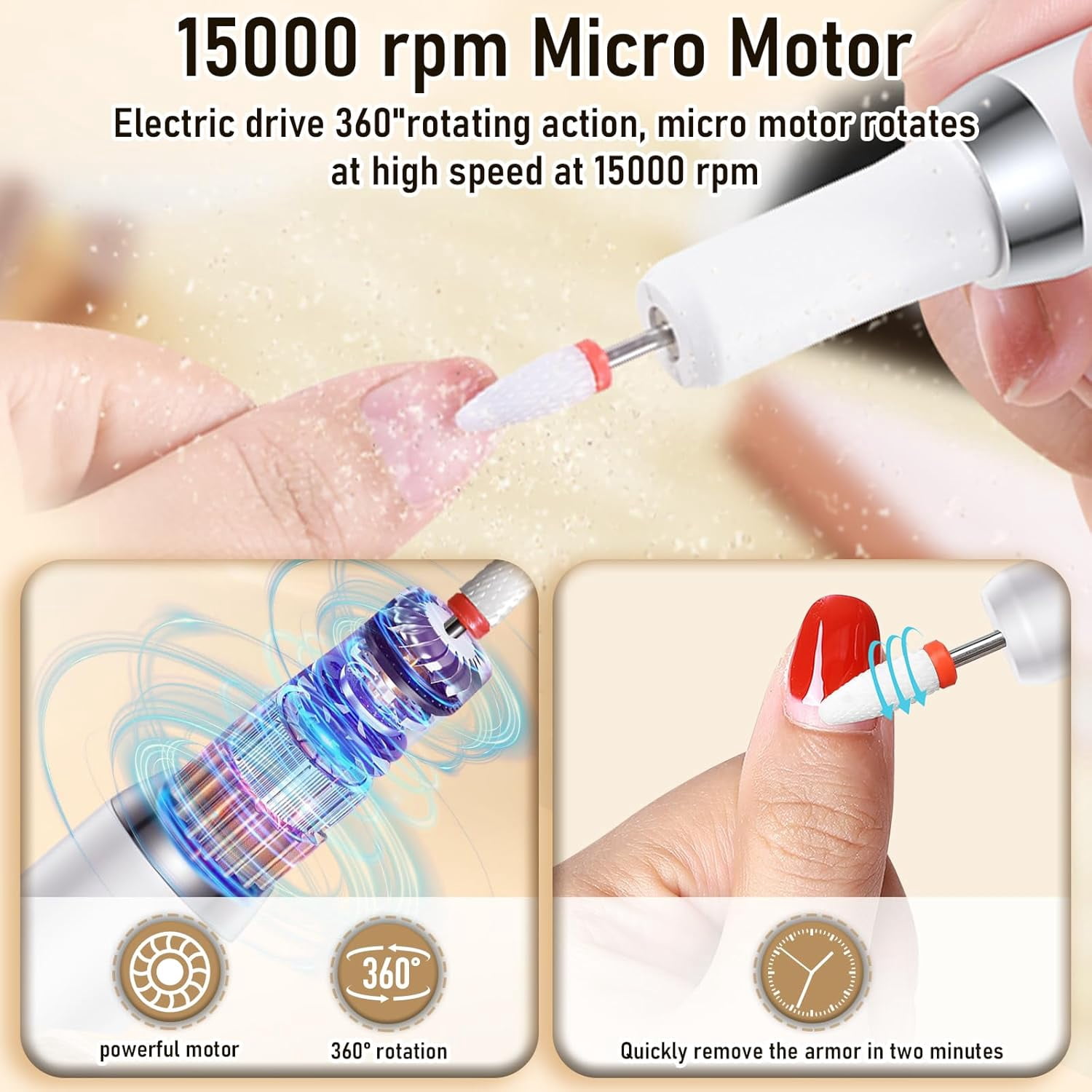Aorsher Rechargeable Cordless Electric Nail Drill Kit, Professional Electric Nail File for Acrylic Gel Dip Powder Nails, 3 Speeds 15000RPM, Portable Manicure Pedicure Tool