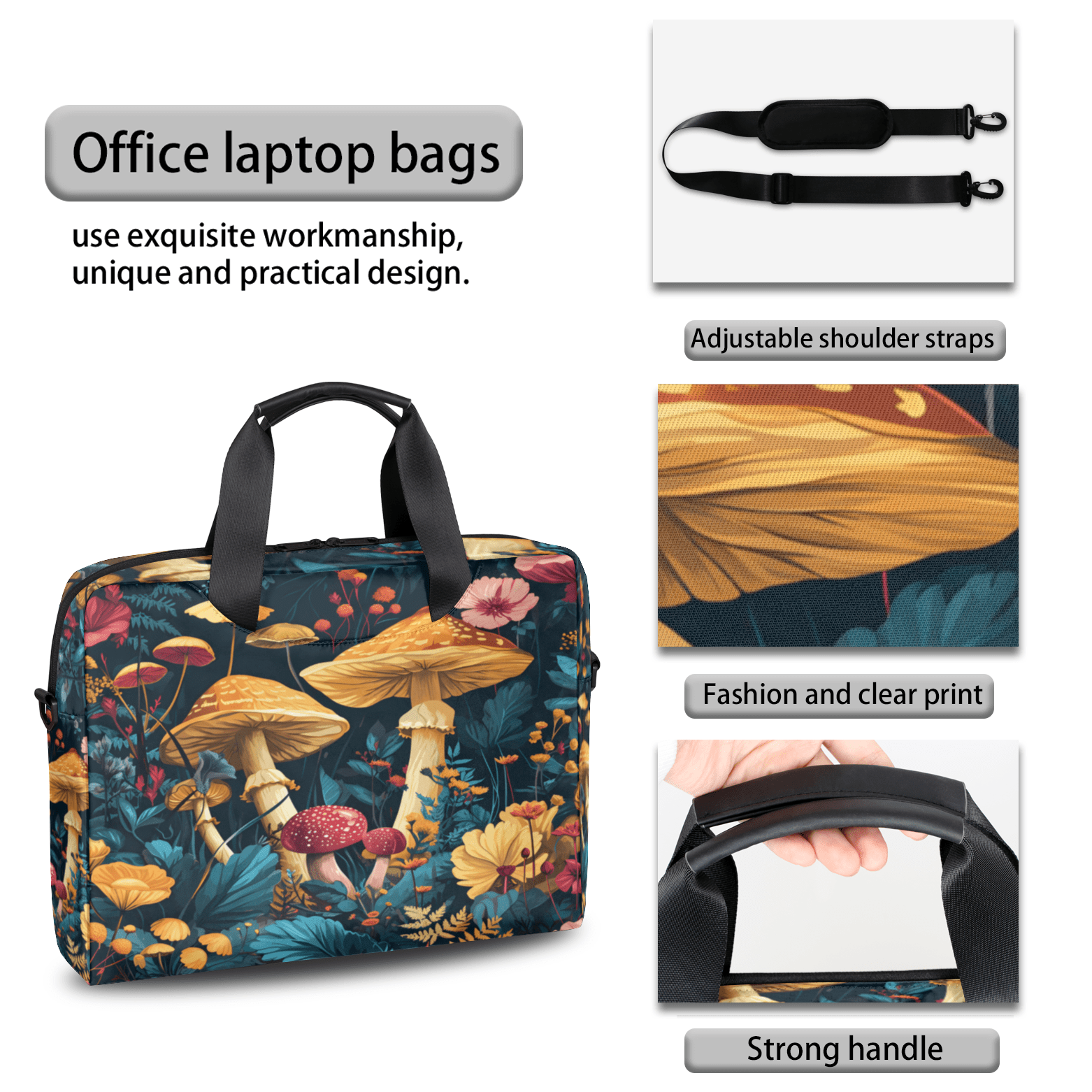 Herdesigns Mushroom Laptop Bag for Women Men, Computer Case Briefcase Messenger Bags, 15-15.6 inch Laptop Sleeve Shoulder Bag