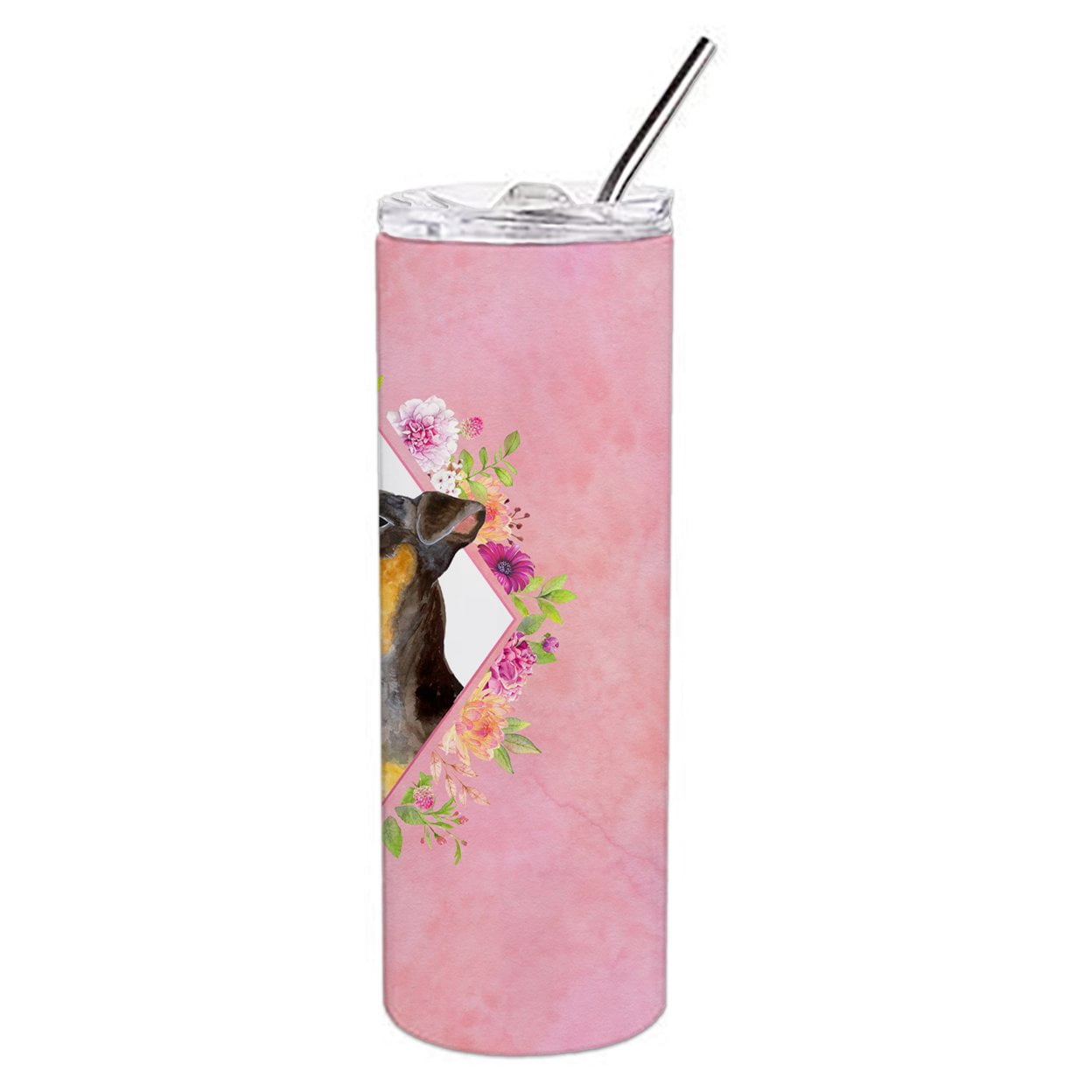 Carolines Treasures CK4196TBL20 Black Miniature Pinscher Pink Flowers Stainless Steel 20 oz Skinny Tumbler 20 oz