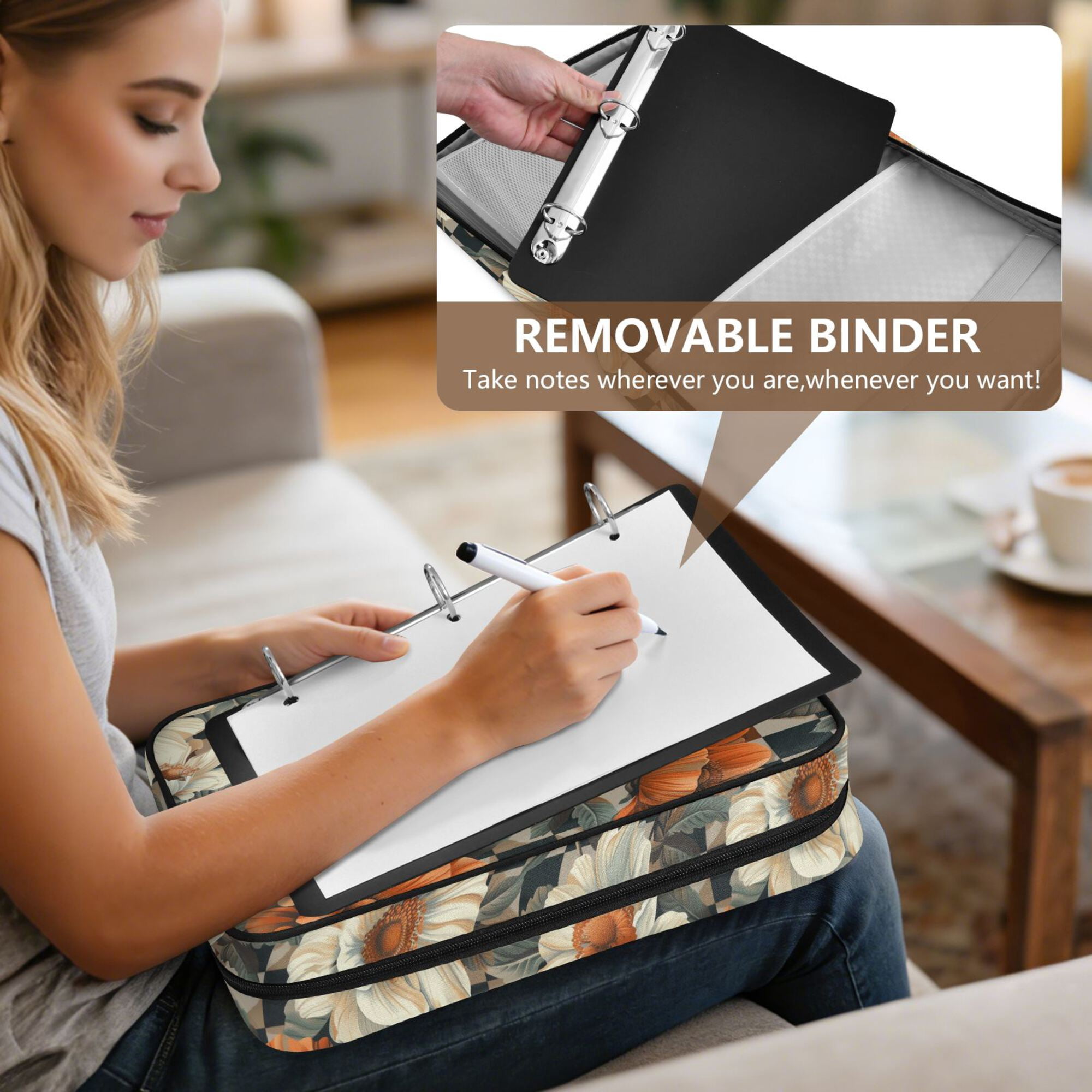FORMRS Accordion File Folder A4 Size 7-Pocket Expanding Document Organizer Bag with 3 Ring Binder, Gray Floral Pattern