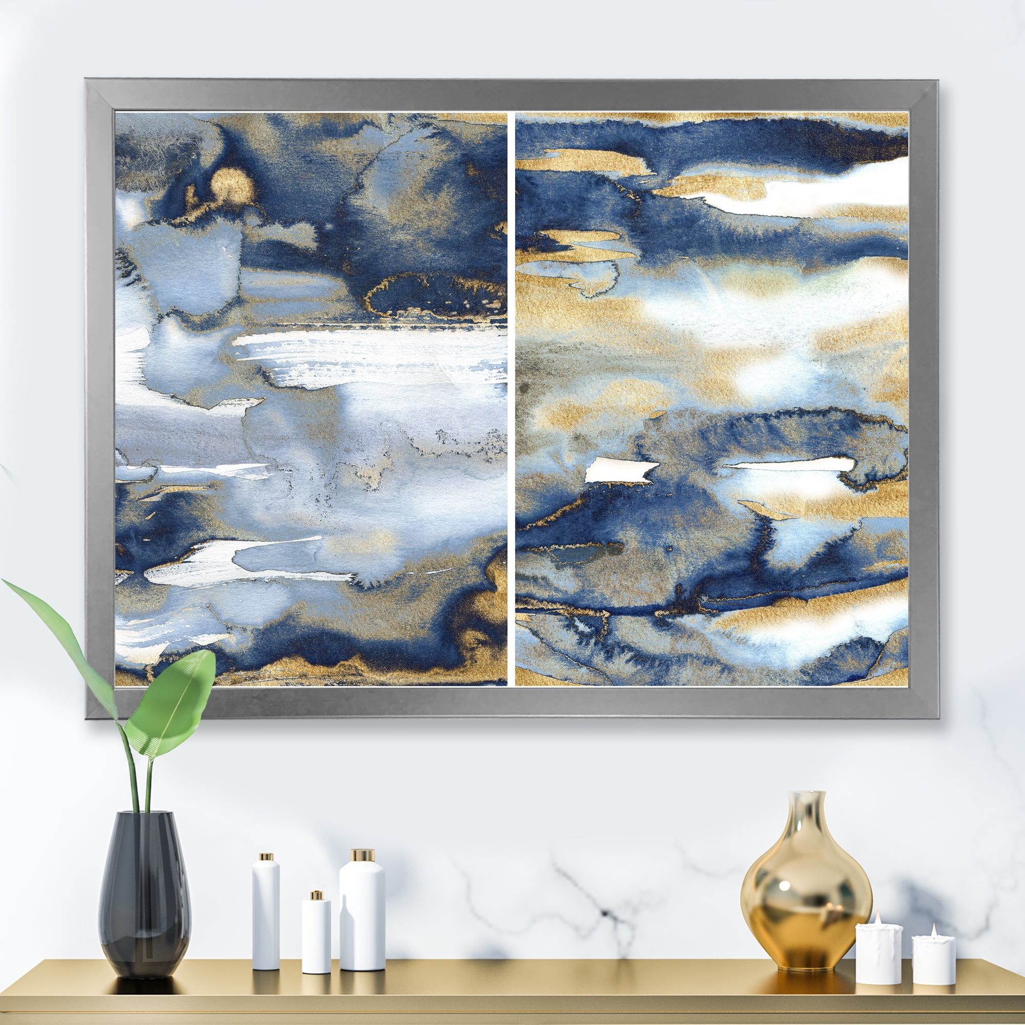 Designart 'Gold and Dark Blue Abstract II' Modern Framed Art Print