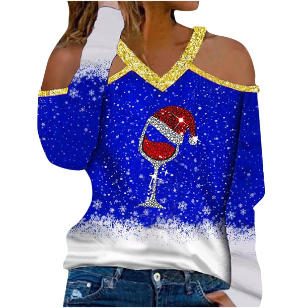 Camisas Navideñas Para Mujer Tops de Manga Larga Casual Con Cuello en V Blusa Suelta Con Estampado Navideño Odeerbi ODB202835