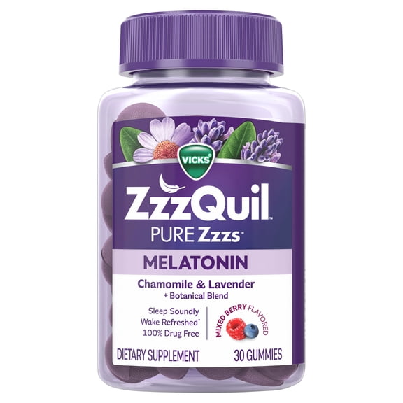 ZzzQuil PURE Zzzs Melatonin Gummies, Sleep Aid, Melatonin 2mg, Wildberry Vanilla Flavored 30 Sleep Gummies