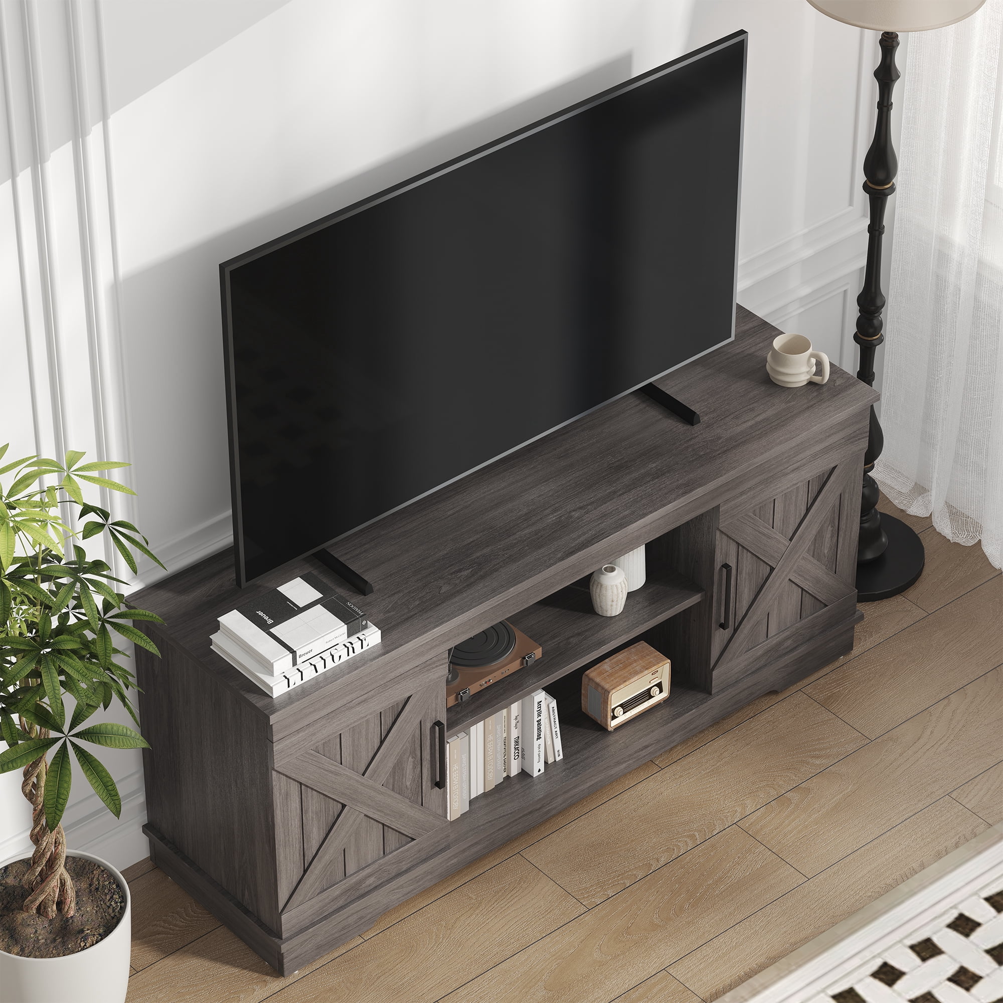 IULULU 58" Modern Farmhouse TV Stand for TVs up to 65", Natural Grey