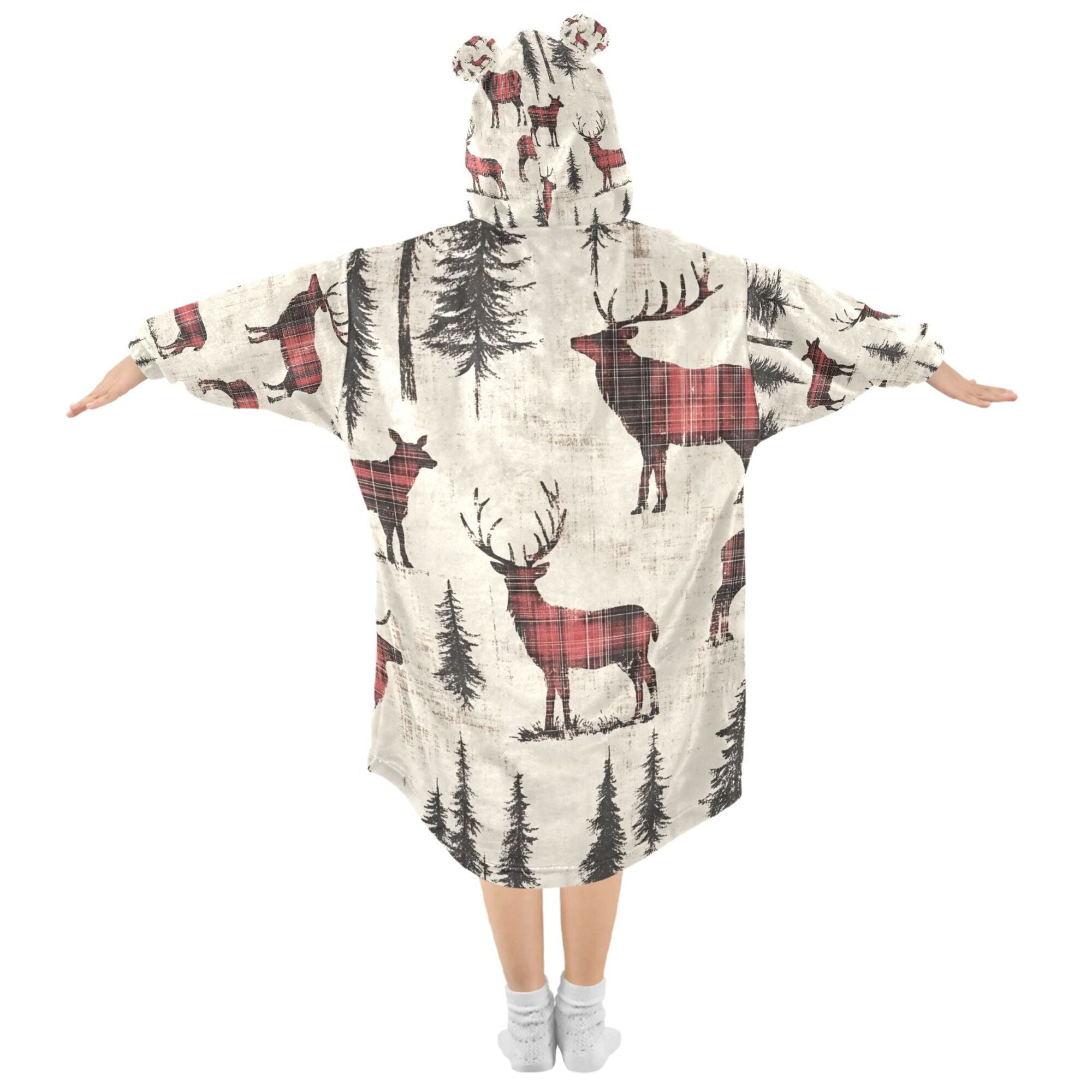 FORMRS Wearable Blanket Hoodie with Sleeves for Kids Cozy Flannel Sweatshirt, Plaid Deer