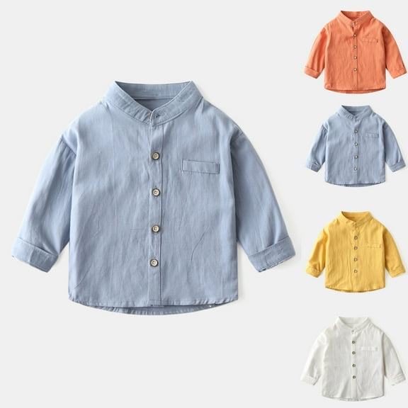 HAOTAGS Kids Stylish Button-Up Shirts, Cotton Stand - collar Solid Spring Autumn Shirts Blue 5 Years