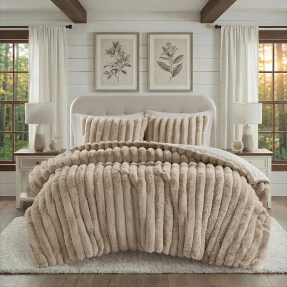 Regency Heights Full/Queen Size Comforter Sets, Taupe Fluffy Ribbed Plush Bedding Set, 3-Piece Faux Fur Ribbed Bedding Comforter Set