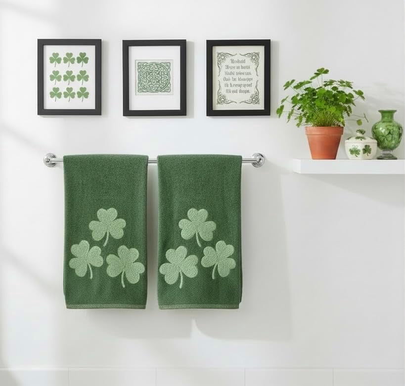 Serafina Home St. Patrick's Day Irish Kitchen Bath Guest Hand Fingertip Embroidered Towels 4 Pc Set: Triple Shamrocks 16" x 25" & Single Clover 12" x 18", Green,100% Terry Velour Cotton