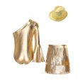 thumbnail image 4 of inlzdz Girls 3Pcs Groovy Jazz Dance Disco Outfit Metallic One Flared Sleeve Leotard with Tassel Skirt Sequin Hat Set Gold 10, 4 of 7