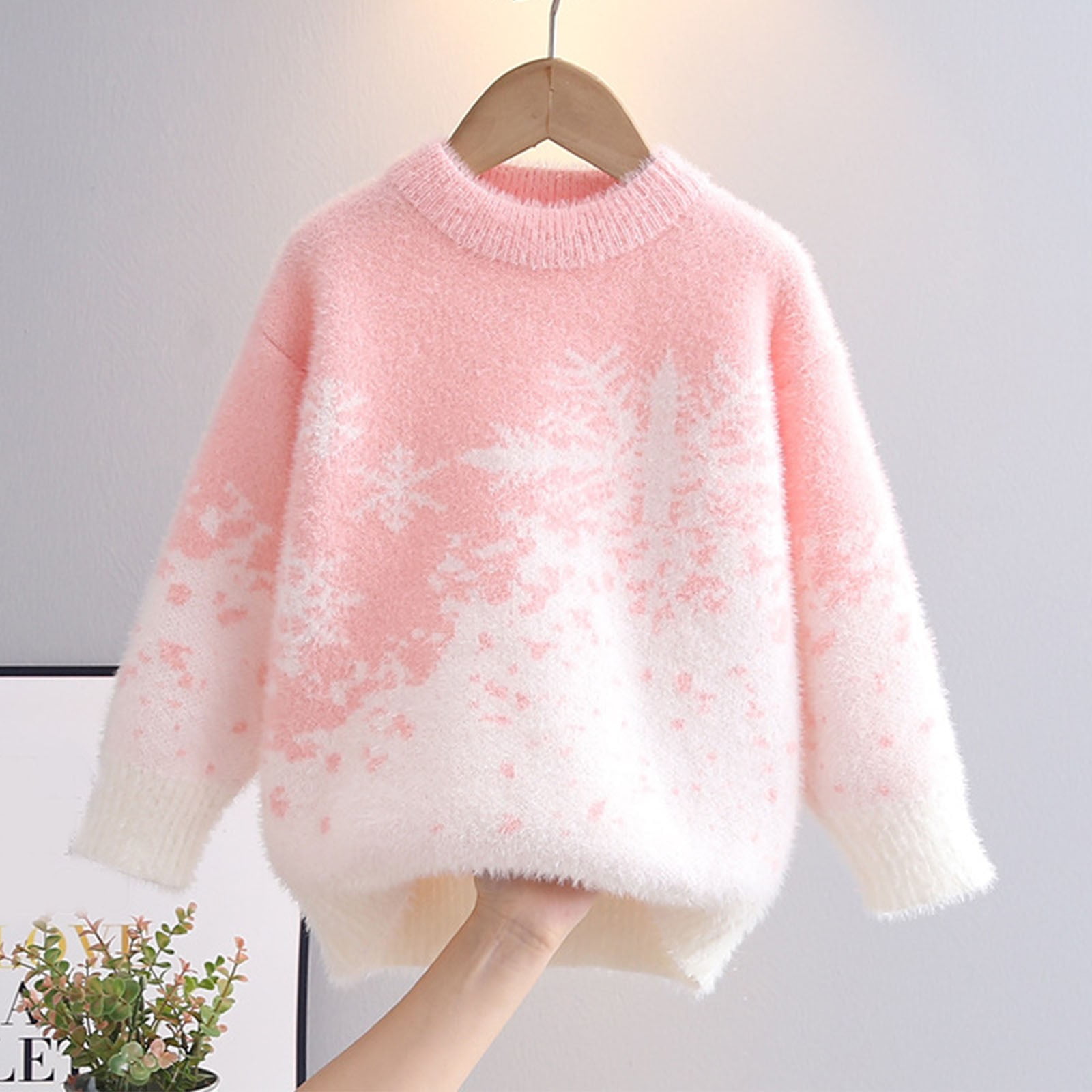 Zpanxa Girls Crew Neck Gradient Snowflake Christmas Tree Faux Mink Fleece Pullover Sweater Long Sleeve Holiday Warm Knit Tops Cotton Sweaters for Girl