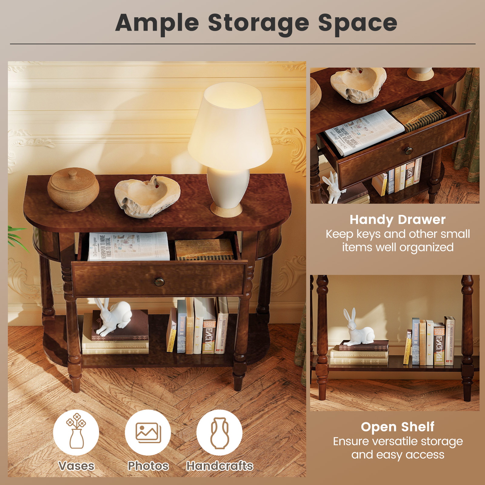 Gymax Retro Console Table 36''L Wooden Entryway Table w/ Storage Drawer & Open Shelf Brown