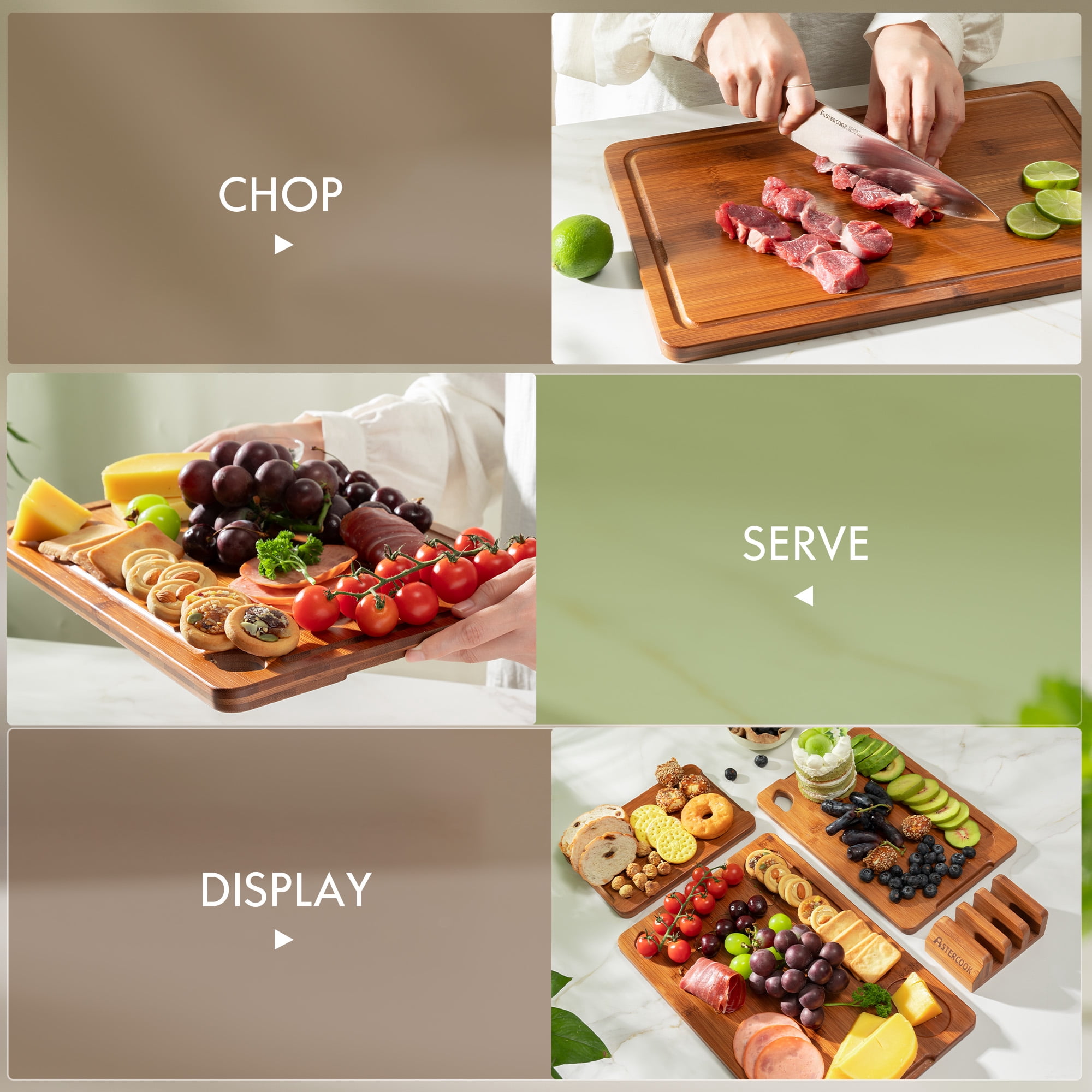 Astercook 4-Pieces Wood Cutting Board, Bamboo Chopping Board for Kitchen with Holder, Cutting Boards Set with Juice Groove and Handles, Charcuterie Board for Chopping Meat, Vegetables and Fruits