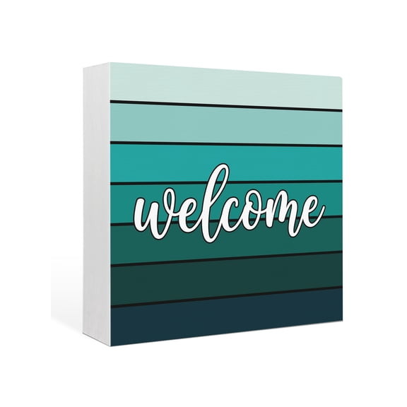 Wood Box Sign Teal Stripes Square Boxes Sgin Desk Decor Decorative Wood Block Plaque Wood Striped Welcome Wooden Signs for Home Tabletop Shelf Wall Office Room Table Decorations Gifts 6"x6"