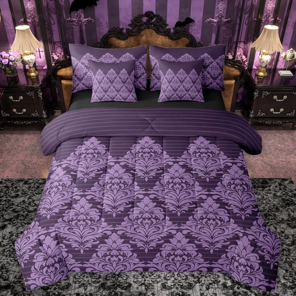 Manfei Retro Damask Print 7-Piece Twin Bedding Sets,Vintage Baroque Flower Bedding Comforter Set,Purple bohemian Flowers Sheet Sets For Men Women,Ultra Soft Home Decor Reversible