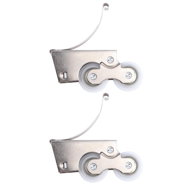 eeasemx 2 rodillos de repuesto para puertas corredizas de doble rueda, para ventanas y armarios de casa. Dos rodillos verticales con carcasa metálica plateada, gancho de resorte curvo y doble rueda blanca de plástico por unidad; tornillos visibles, desmontable y resistente a la corrosión, tamaño 9.3x3.6x1.2 cm, adecuado para puertas corredizas, armarios y ventanas; también suelen usarse como repuesto en puertas tipo granero pequeñas.