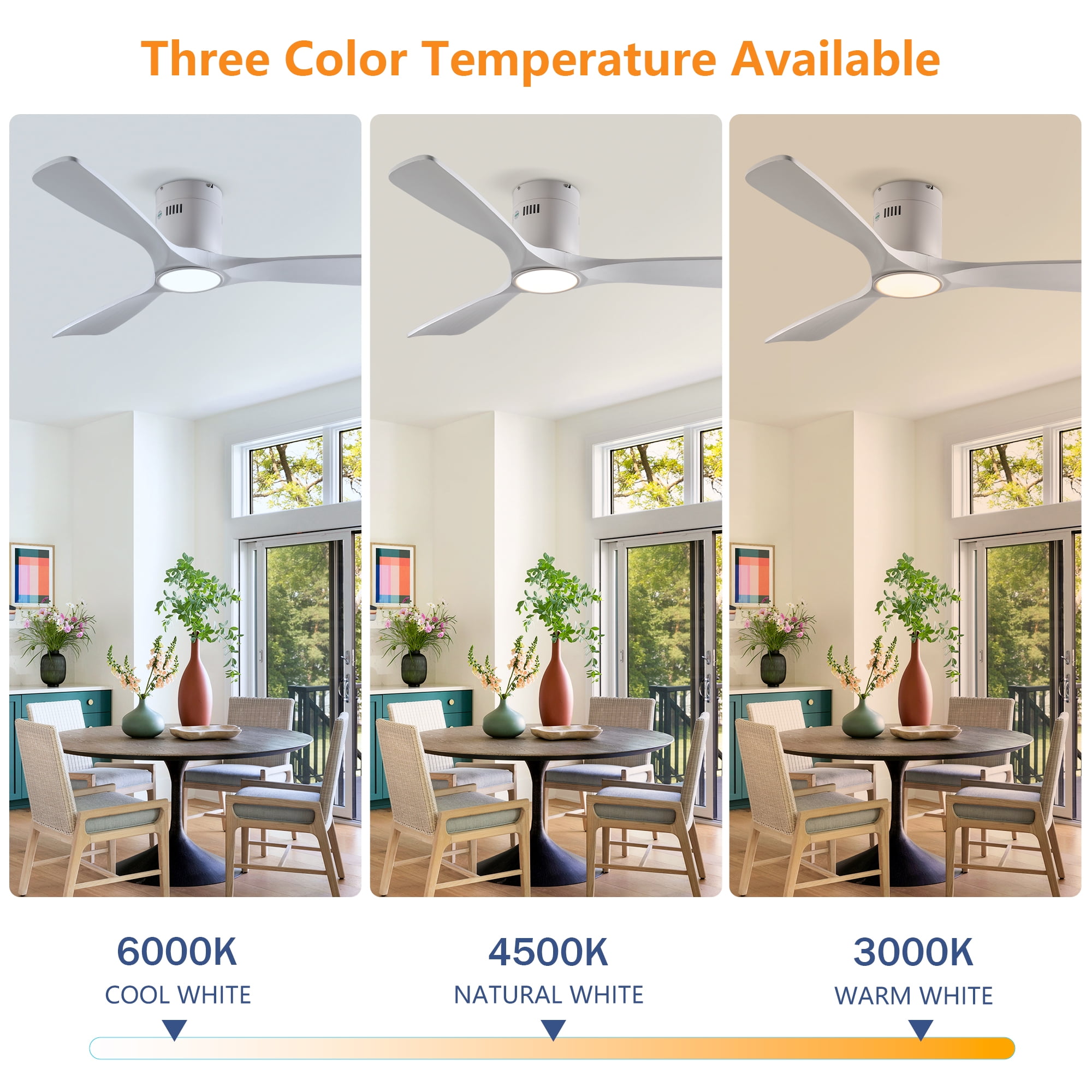 Eowynic 52-Inch Modern Ceiling Fans with Lights, 3 Wood Blades, DC Motor, 6-Speed, Remote Control, Flush Mount, White