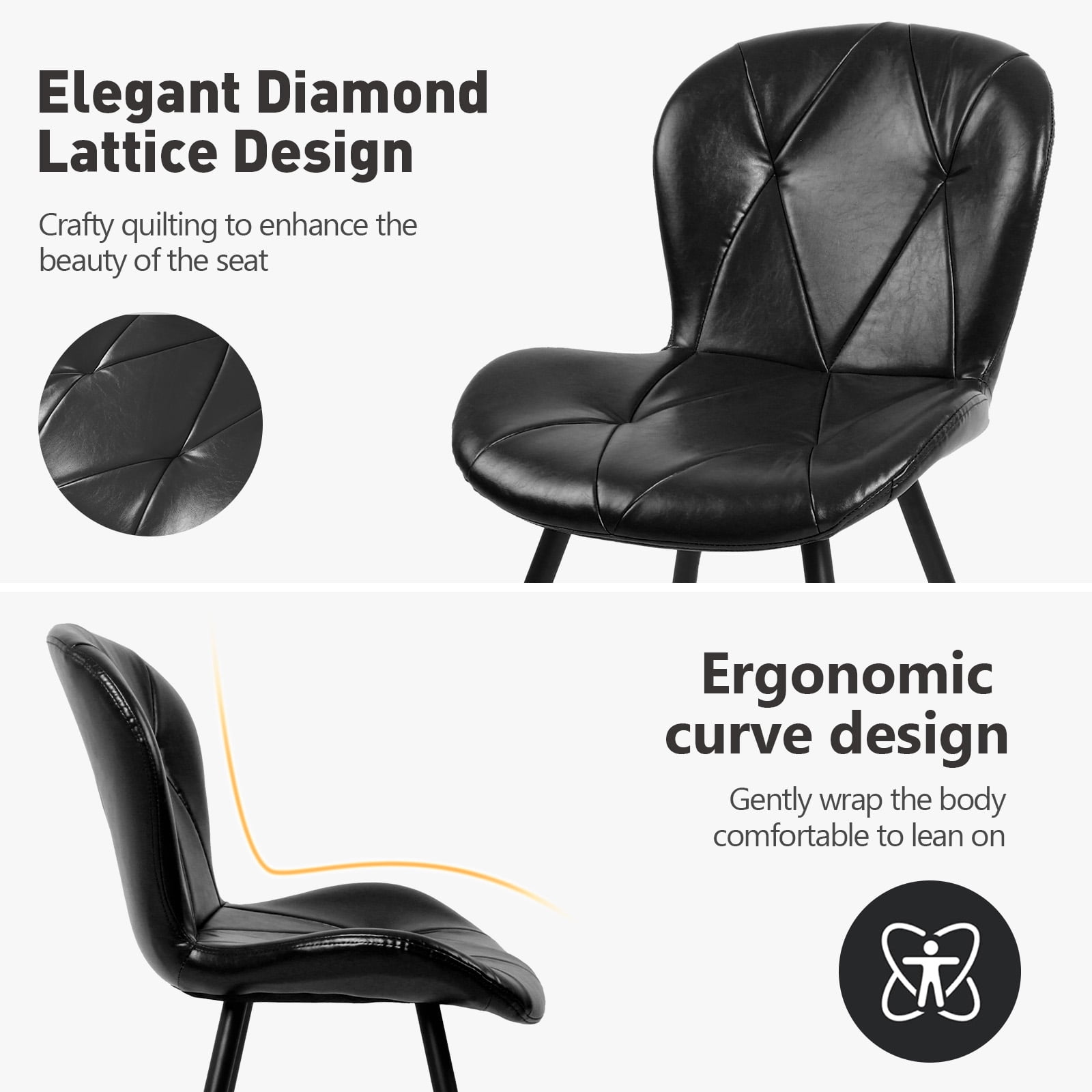 Set of 2 Black Faux Leather Dining Chairs, Ergonomic Backrest with Thick Foam Cushion, Metal Legs & FSC Frame, Scratch & Stain Resistant, 300 lbs Weight Capacity