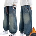 thumbnail image 7 of KYAIGUO Toddler Kids Boys Winter Solid Color Jeans Demin Pants Spring High Waisted Casual Fleece Baggy Sweatpants 5-15T, 7 of 7