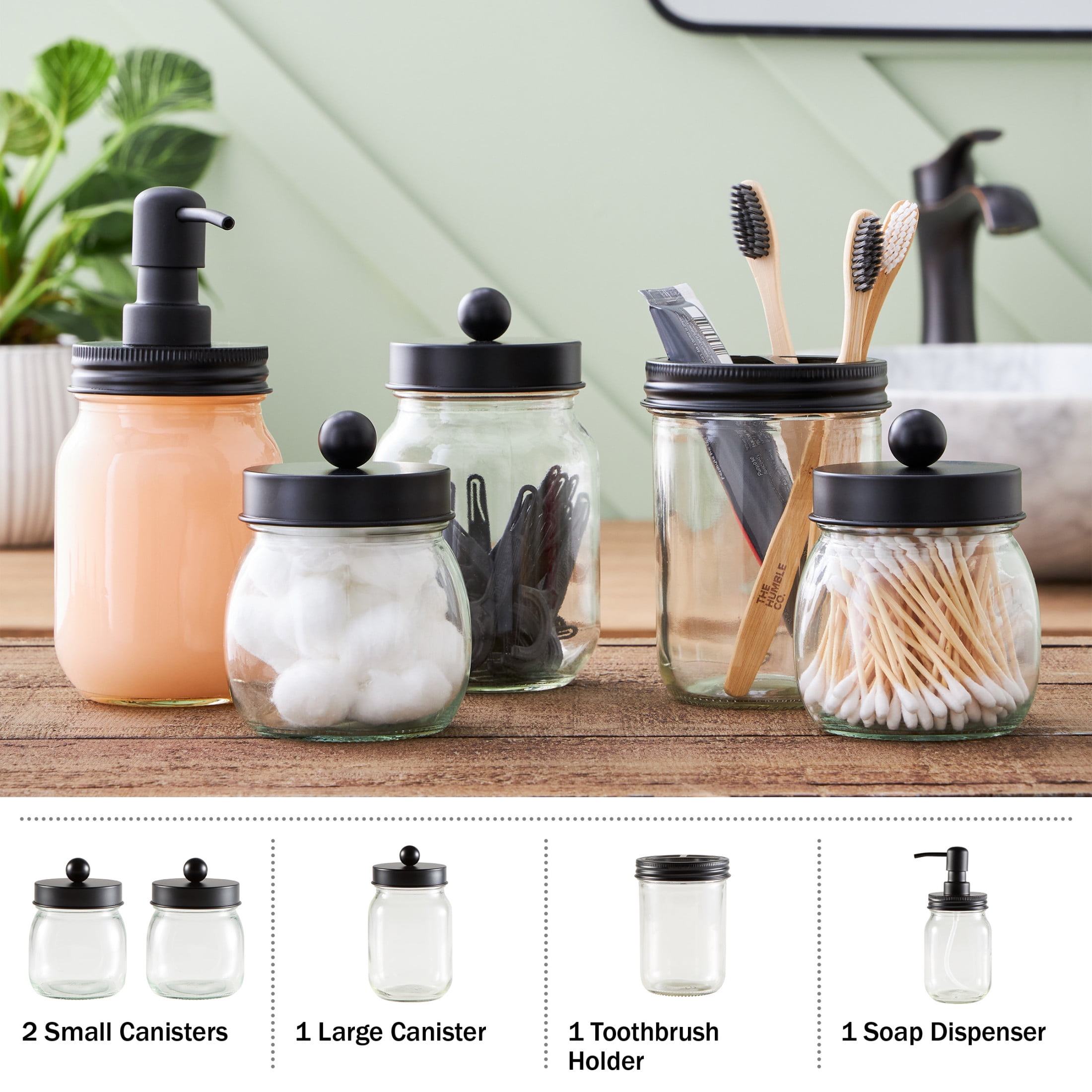 Home-Complete 5-Piece Mason Jar Bathroom Accessories Set with Lids (Black)