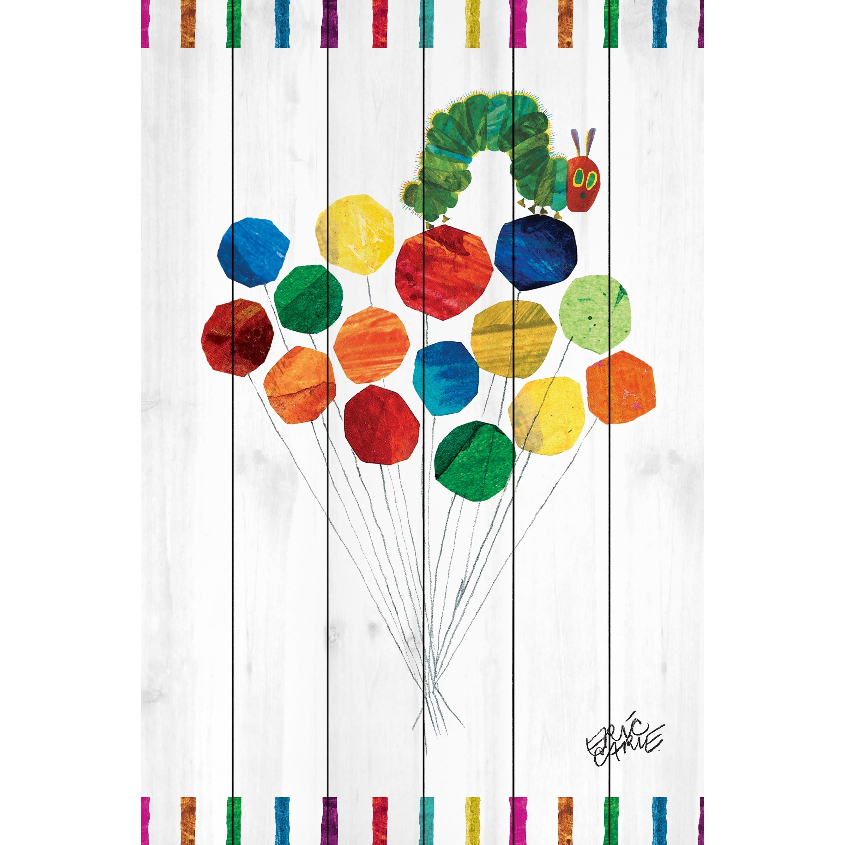 Eric Carle Caterpillar on Balloons Art Print on White Pine Wood
