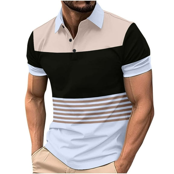 Mens Polo Shirts 2025 Short Sleeve Classic Fit Shirts Casual Stripe Print Goft Collared Textured T Shirt