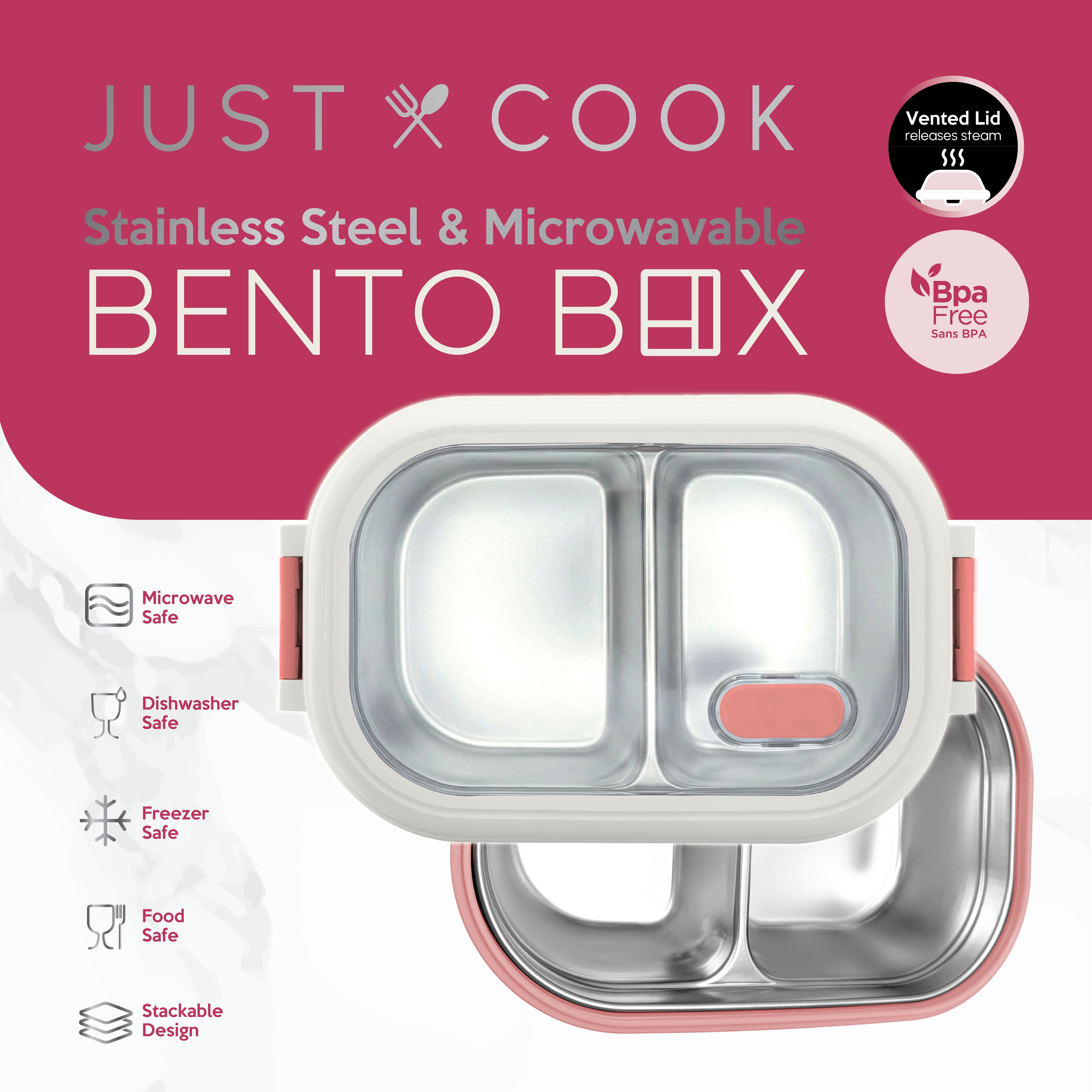 Just Cook Pink 1000 ml Stainless Steel Bento Box with Locktop Lid - Microwave Safe