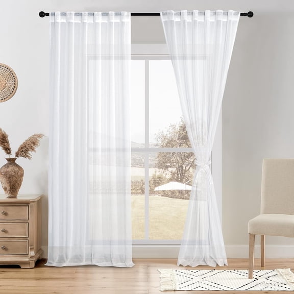 White Sheer Curtains, Rod Pocket & Back Tab Faux Linen Texture Semi Sheer Window Covering, Light Airy Privacy Sheer Panels for Bedroom Living Room, Set of 2 Panels