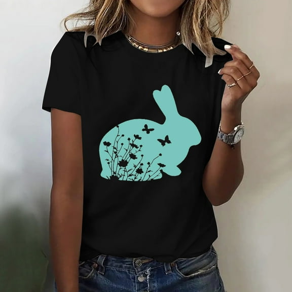 Baqcunre Womens Tops,Easter Womens Short Sleeve Crew Neck Rabbit Bunny Printed T Shirt Top Casual Slim Shirts Tee Blouse,Shirts For Women,Graphic Tees,Going Out Tops For Women,Womens Clothes,Black,L