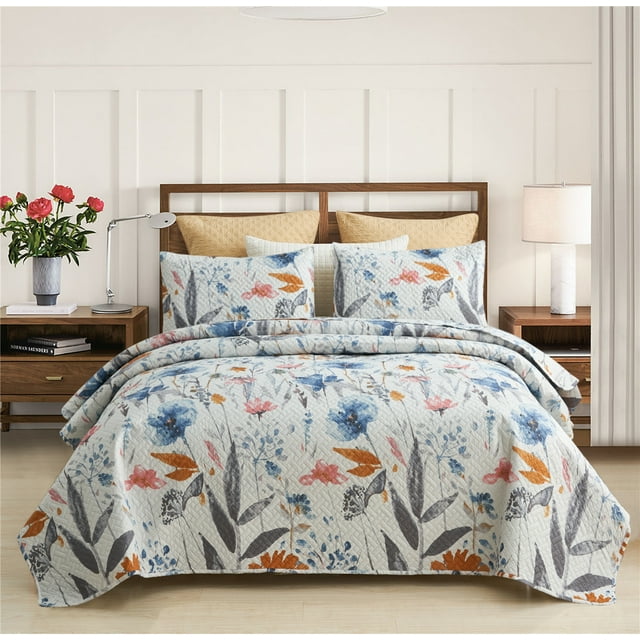 JML Ensemble de Courtepointe 3 Pcs, Ensemble de Literie Couvre-Lit Gaufré, Très Grand Lit, Floral Coloré
