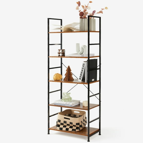 EDX Bookcase, 5 Tier Book Shelf, Storage Shelf, Classic Modern Bookcase for CDs, Movies, Books, Industrial Bookcase for Home Office, Living Room, Kitchen, Bedroom, Rust Brown