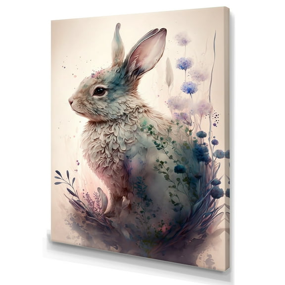 Designart Cute Rabbit Floral Art IV Canvas Wall Art