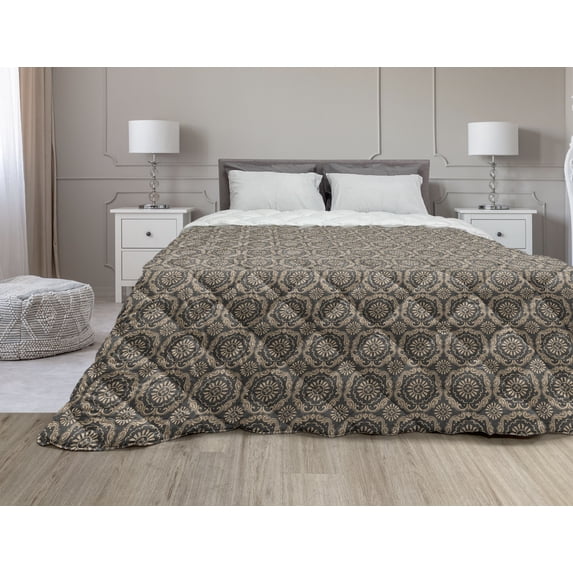 Classical Down Alternative Comforter, Oriental Rounds Curves with Pigeons and Ornamental Floral Motifs Repetition, Microfiber Quilt for All Season, 5 Sizes, Dark Sepia Tan, by Ambesonne