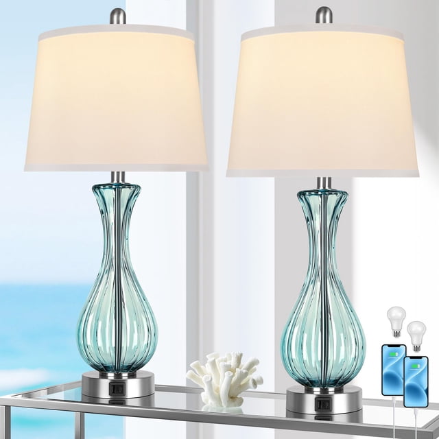 Lámpara de Cristal Azul Hamucd 27.5" Juego de 2 Lámparas de Mesa Costera con Puerto USB