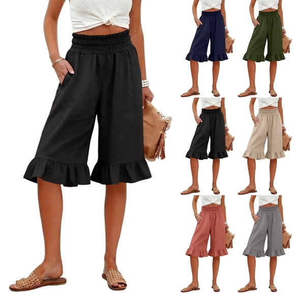 Cotton Linen Ruffle Hem Culottes for Women 2026 Casual Lightweight Shorts Smocked Waist Wide Leg Short Pants Black XXL