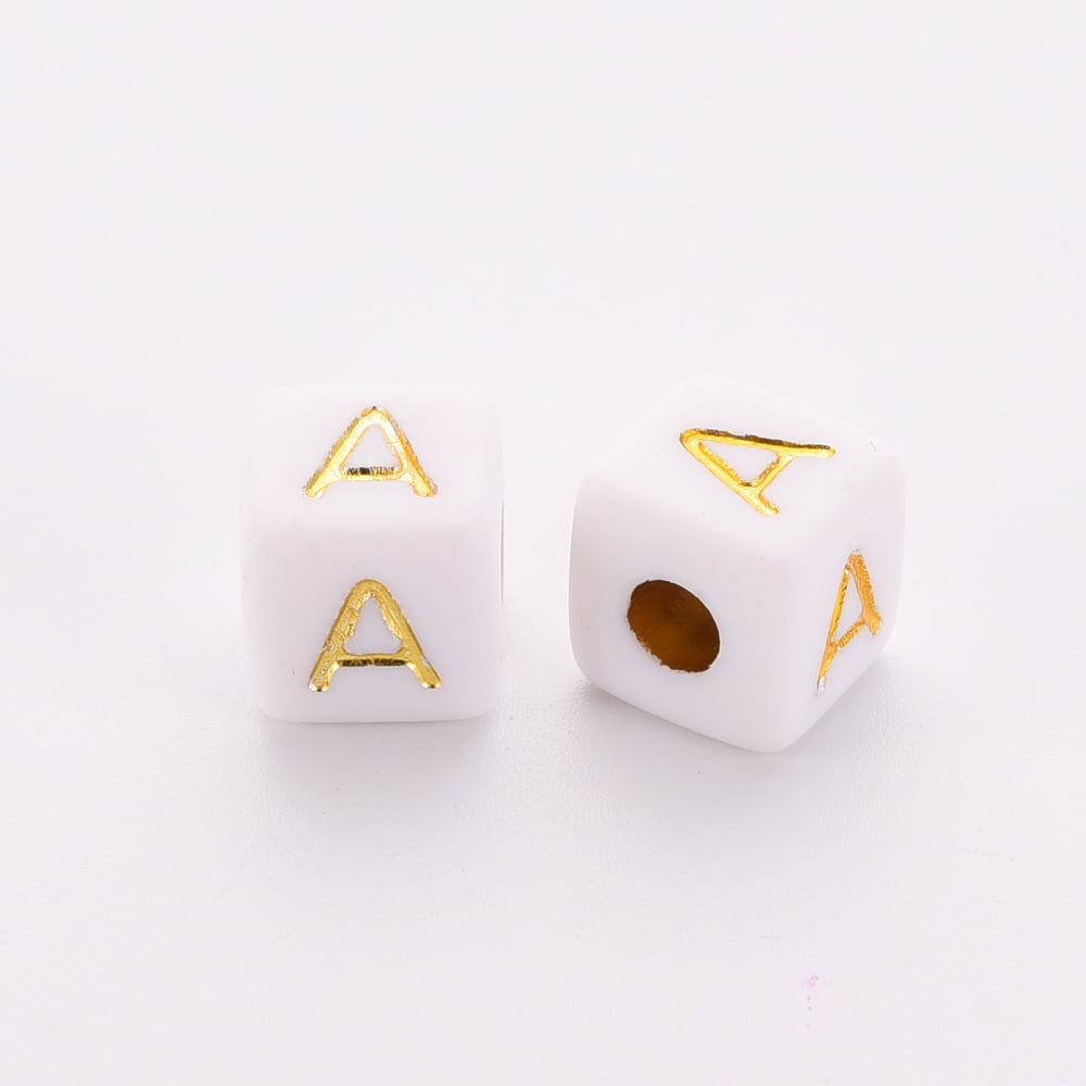 Opaque White Acrylic European Beads Horizontal Hole Large Hole Beads Metal Enlaced Cube with golden Random Mixed Letters 9.5x9.5x9.5mm Hole: 4mm about 500pcs/500g