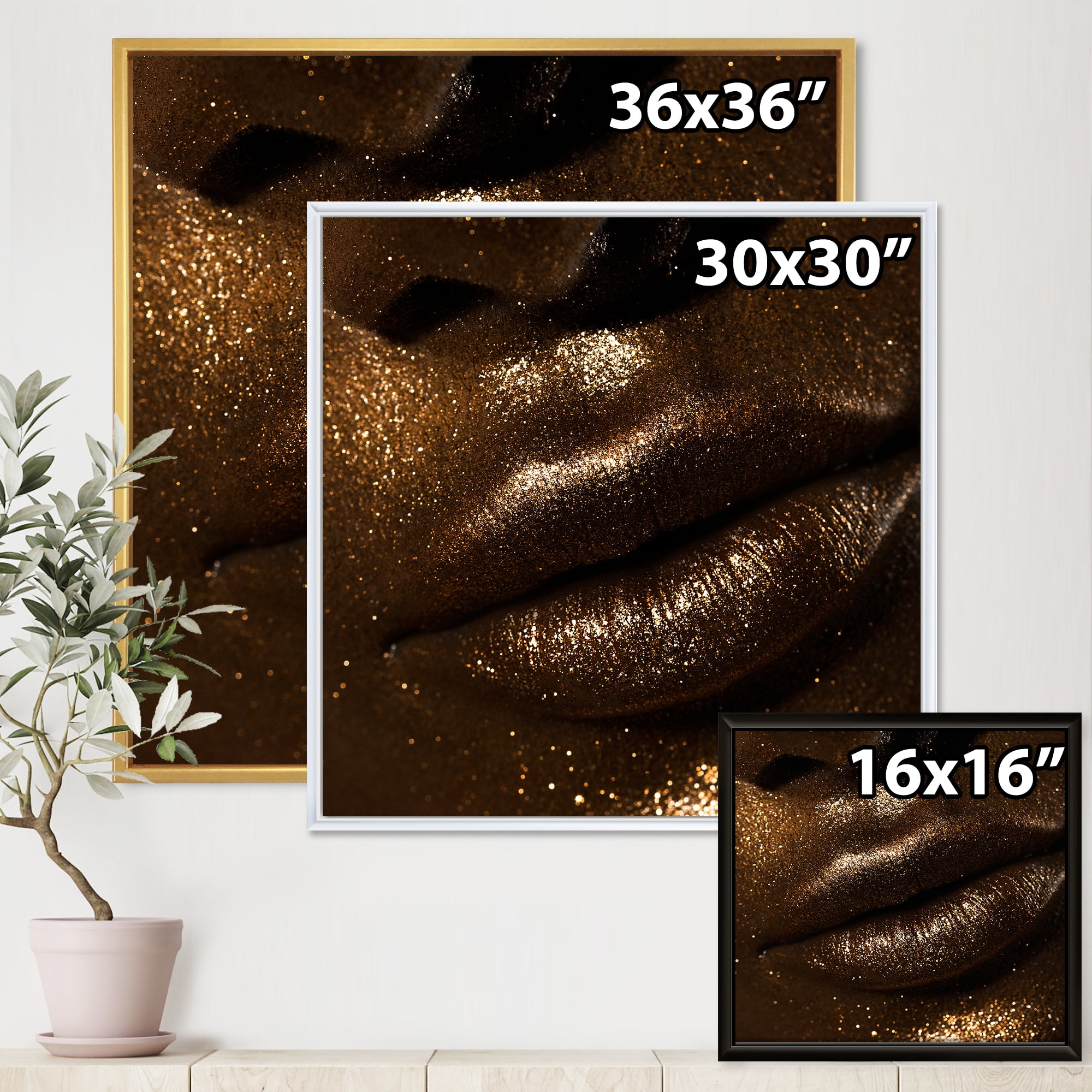 Designart 'Girl Lips With Glitter and Spangle' Modern Framed Canvas Wall Art Print