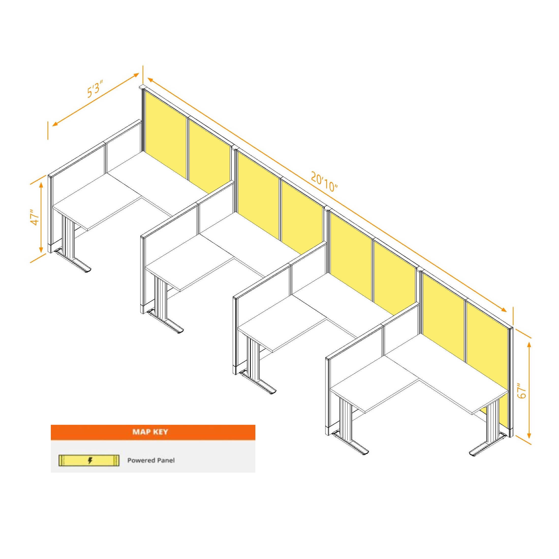 Cubicles.com L Shaped Workstation 4pack Inline, 5x5 Powered Premium Office Cubicle |Modular Desk with Panels, Steel Frame, White Desk Silver Paint, With Assembly
