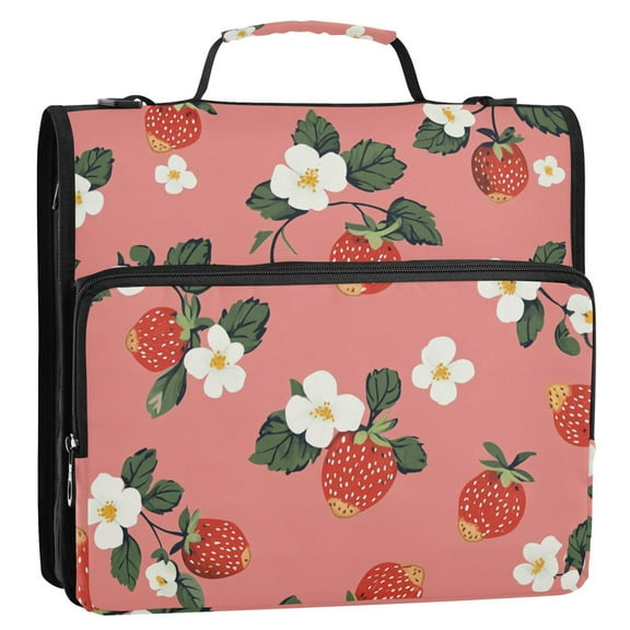 Strawberries Small White Florals Binder Bag with Shoulder Strap 3 Ring Zipper Binder File Folder Document Storage