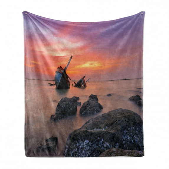 Shipwreck Soft Flannel Fleece Blanket, Sunken Aground Boat Vessel in Foggy Water Before Exquisite Sky at Sunset Image, Cozy Plush for Indoor and Outdoor Use, 70" x 90", Orange Grey, by Ambesonne